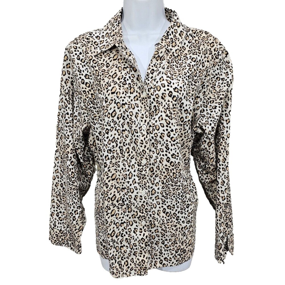 Chico's No-Iron Leopard Print Shirt Size 3 XL Button Up Neutral Mob Wife Office